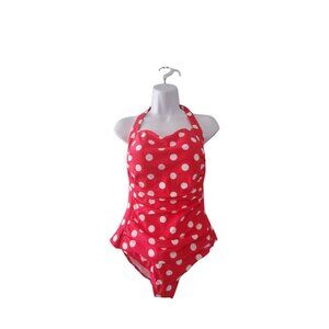 Lascana nwt one piece swimsuit womens 10 red polka dot ruched retro look
